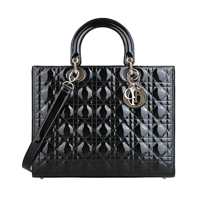 Dior 迪奧 DIOR LADY DIOR淡金吊飾字母LOGO幾何圖案縫線紋漆皮小牛皮翻蓋手提斜背包(大/黑)
