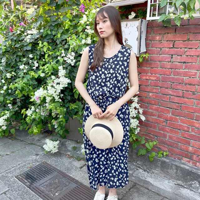 【Hana Mokuba】花木馬日系女裝滿版印花無袖綁帶收腰洋裝(洋裝)