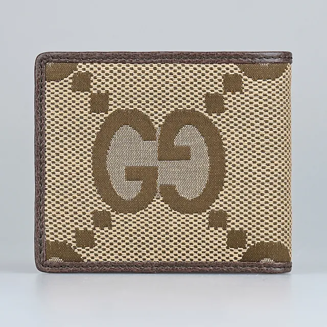 【GUCCI 古馳】GUCCI JUMBO GG 顛倒雙G標誌LOGO設計緹花帆布8卡對折短夾(棕)