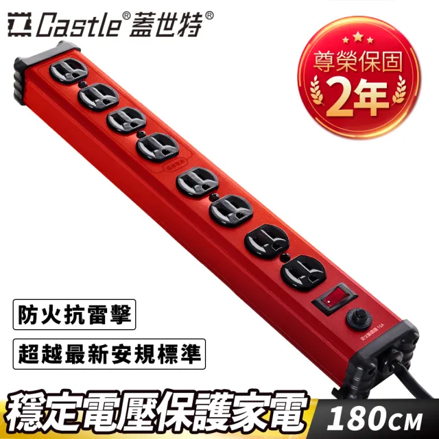 【Castle 蓋世特】官方總代理 1開8插 鋁合金抗突波防火防雷保護插座 延長線 電源線-1.8M(閃耀紅)