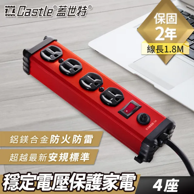 【Castle蓋世特】官方總代理 1開4插 鋁合金抗突波防火防雷保護插座 延長線 電源線-1.8M(閃耀紅)