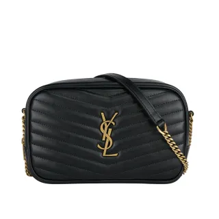【YSL】Mini Lou 金字V紋小牛皮相機包/斜背包(黑色)