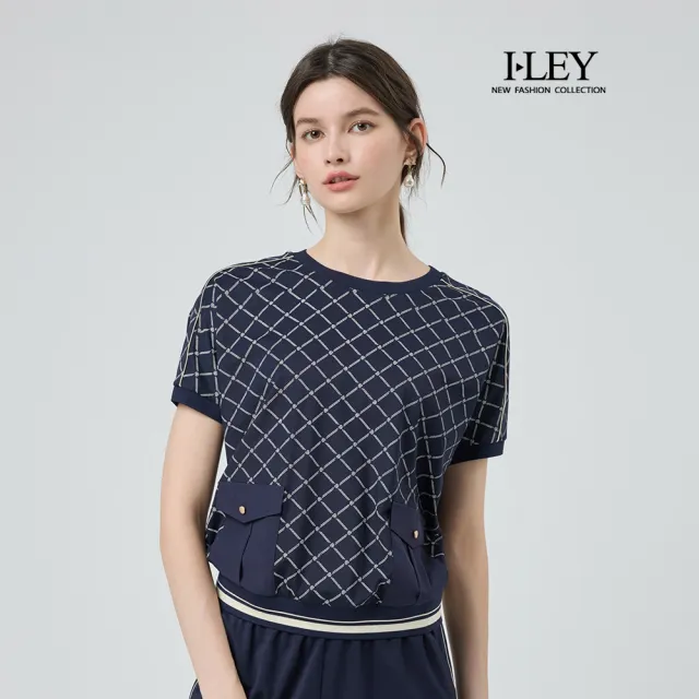 【ILEY 伊蕾】撞色菱格紋縲縈連袖上衣(深藍；M-2L；1252361002)