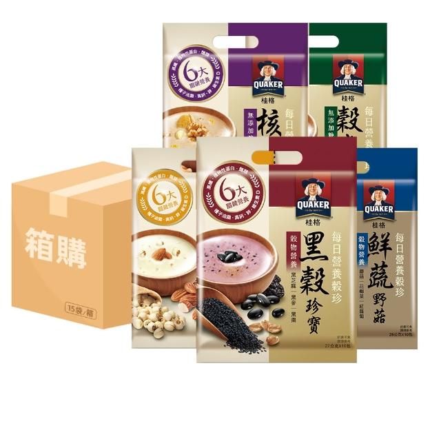 【QUAKER 桂格】每日營養穀珍麥片x15袋/箱出(黑穀珍寶/杏仁蓮子/核桃堅果-無糖/穀麥全餐-無糖/鮮蔬野菇)