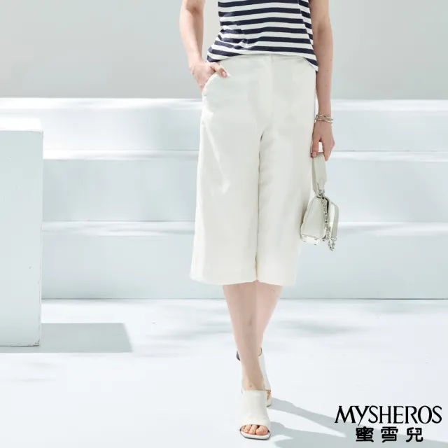 【MYSHEROS 蜜雪兒】棉麻混紡寬鬆休閒七分 前釦拉鍊後鬆緊(二色任選)