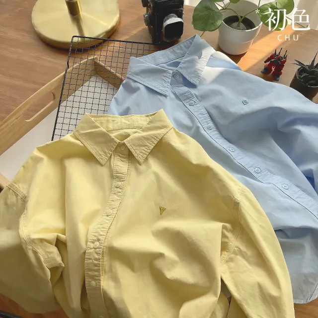 【初色】甜美風休閒寬鬆純色字母刺繡單排扣襯衫領長袖襯衫外套女外套-共5色-11383(F可選)