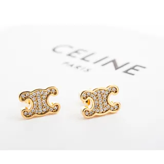 【CELINE】新款Triomphe萊茵石水晶金色飾面黃銅穿式耳環(金色)