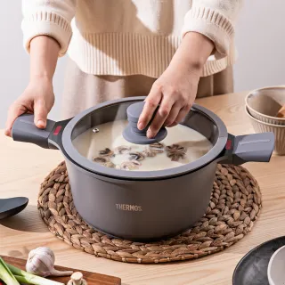 【THERMOS膳魔師】星曜陶瓷不沾鍋雙耳附蓋壓鑄湯鍋24cm(TFC-W24-MTGY)