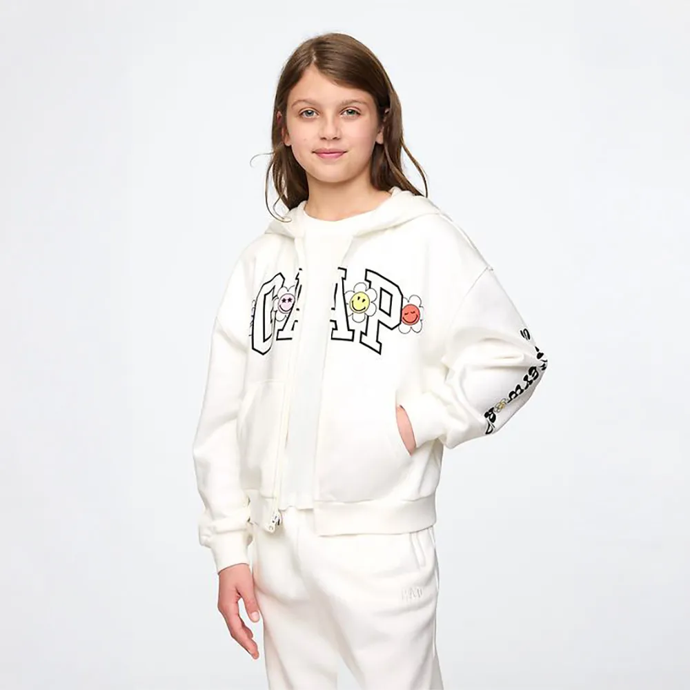 【GAP】女童裝 Gap x Smiley World聯名 Logo印花連帽外套-白色(745931)