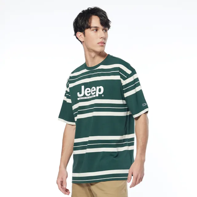 【JEEP】男裝 品牌LOGO跳色條紋短袖T恤(綠色)