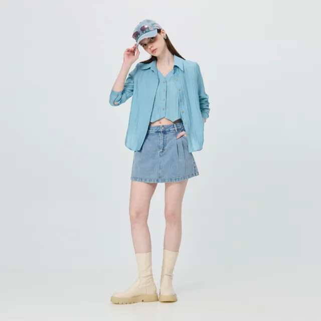【OUWEY 歐薇】打摺水洗純棉牛仔短褲裙(藍；S-L；3251398001)