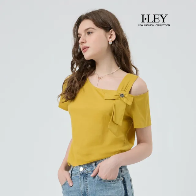 【ILEY 伊蕾】單邊露肩蝴蝶結短袖上衣(黃;M-XL;1252181233)