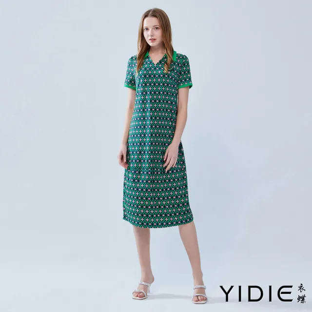 【YIDIE】出清品 跳色翻領幾何印花長洋裝-綠