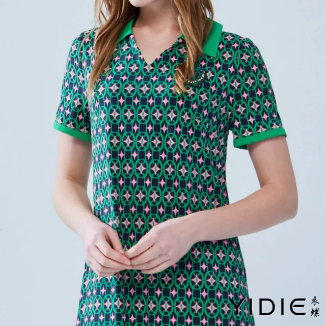 【YIDIE】出清品 跳色翻領幾何印花長洋裝-綠