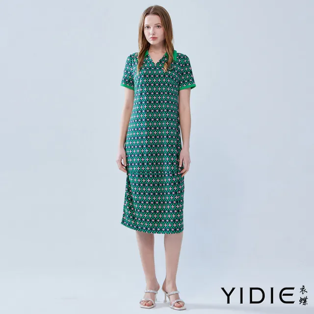 【YIDIE】出清品 跳色翻領幾何印花長洋裝-綠