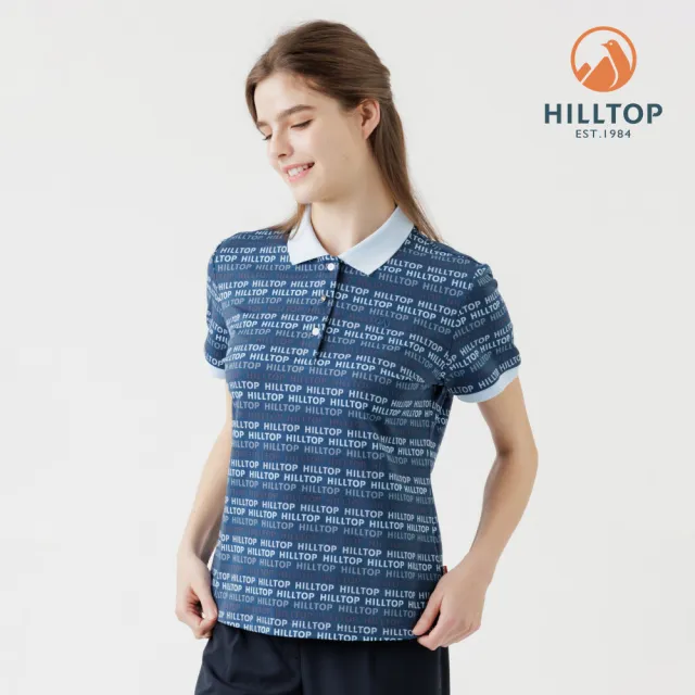 【Hilltop 山頂鳥】Polygiene抗UV吸濕快乾施華洛世奇縫釦印花滿版POLO衫 女款 藍|PS14XFL6ECEZ