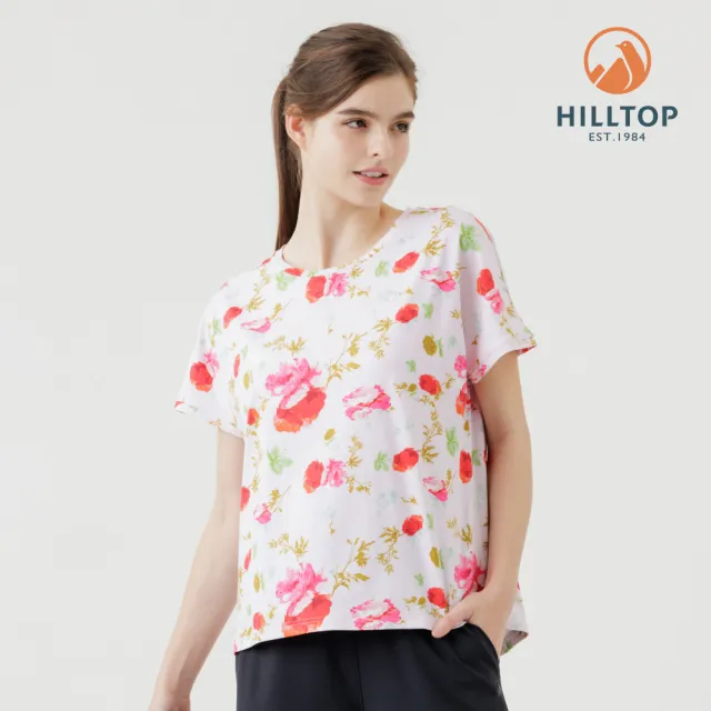 【Hilltop 山頂鳥】Polygiene抗菌抗UV吸濕快乾印花彈性T恤 女款 粉底花｜PS04XFN6ECFZ