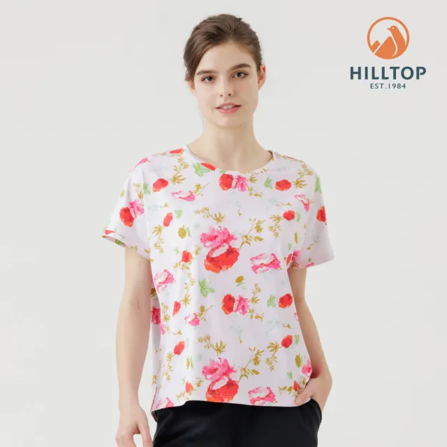 【Hilltop 山頂鳥】Polygiene抗菌抗UV吸濕快乾印花彈性T恤 女款 粉底花｜PS04XFN6ECFZ
