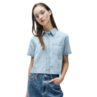 【MARITHE FRANCOIS GIRBAUD】官方旗艦 女版 LOGO單寧短袖襯衫 MFG 牛仔襯衫(淺藍)