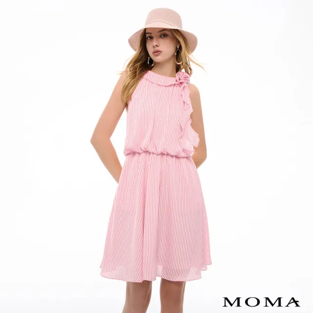 【MOMA】夏日清甜條紋花朵削肩短洋裝(紅色)
