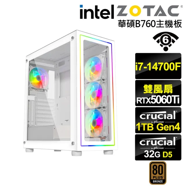 【NVIDIA】i7廿核GeForce RTX 5060 Ti{洛基K77C}電競電腦(i7-14700F/華碩B760/32G D5/1TB/WIFI)