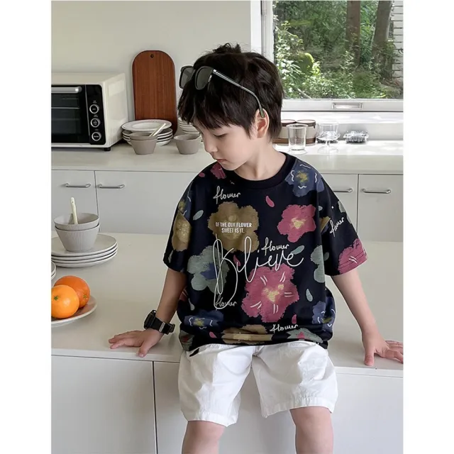 【安朵童舖】現貨韓版兒童短袖上衣男童寬鬆半袖上衣短袖T恤中大童休閒上衣女童花朵上衣(011)
