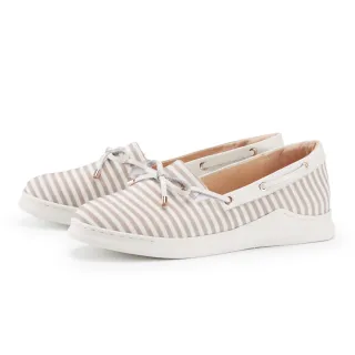 【ORIN】條紋布拼接牛皮厚底休閒鞋(米色)