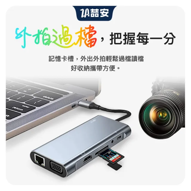 【ZA 喆安】11合1 USB Type-C HUB轉接集線器(支援Type-C HDMI/VGA投影/充電/傳輸/記憶讀卡/RJ45網路/耳機)