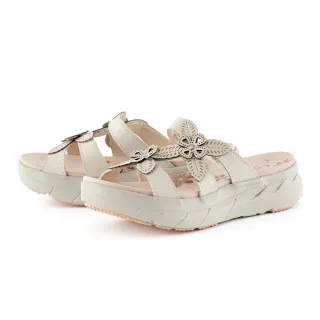 【CHOiCE】親膚真皮涼爽花葉厚底休閒拖鞋(米色)