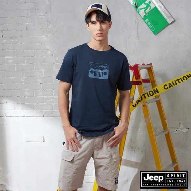 【JEEP】男裝 品牌車頭燈印花純棉短袖T恤(藍色)