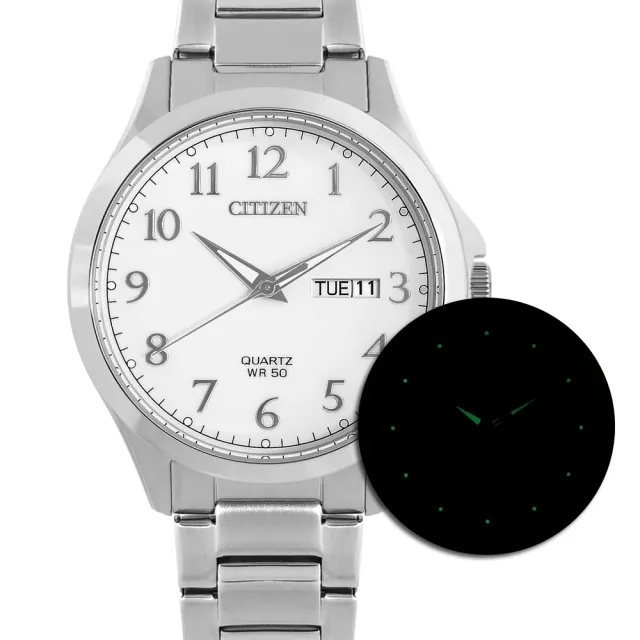 【CITIZEN 星辰】數字刻度 礦石強化玻璃 星期日期 日本機芯 不鏽鋼男錶 白色 41mm(BF2021-82A)