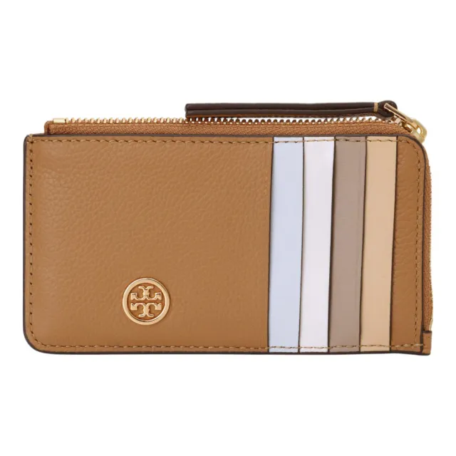 【TORY BURCH】撞色多卡夾皮革L型拉鍊卡夾零錢包(駝米)