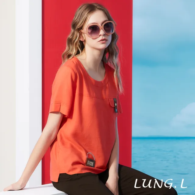 【LUNG.L 林佳樺】LS39A 橘紅色裝飾小皮包短袖天絲棉女裝上衣(春夏新品)