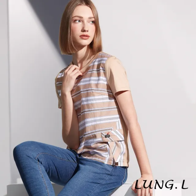 【LUNG.L 林佳樺】LS25A 卡其色條紋拼接素色針織短袖女裝上衣(春夏新品)