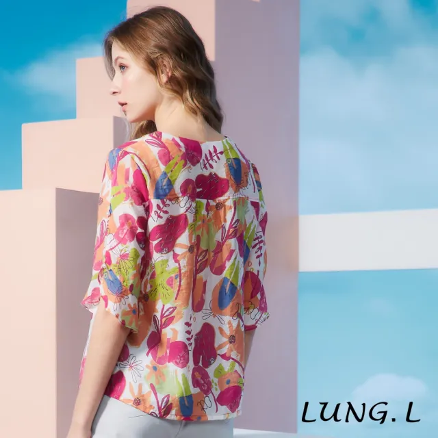 【LUNG.L 林佳樺】LR53A 桃紅色印花V領棉質五分袖女裝上衣(春夏新品 加大尺碼)
