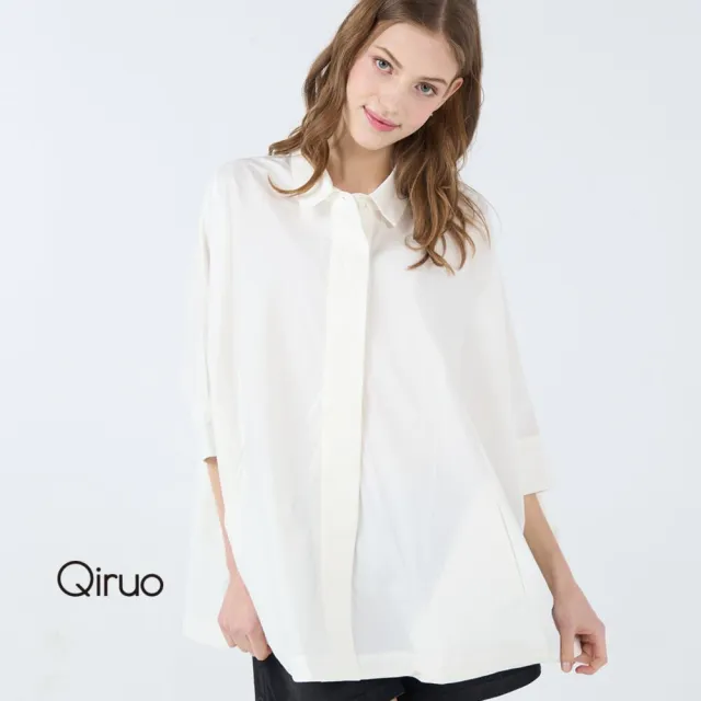 【Qiruo 奇若名品】單口袋 白色七分袖 寬大長版造型襯衫設計3073A