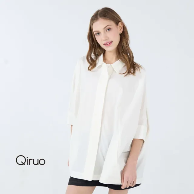 【Qiruo 奇若名品】單口袋 白色七分袖 寬大長版造型襯衫設計3073A