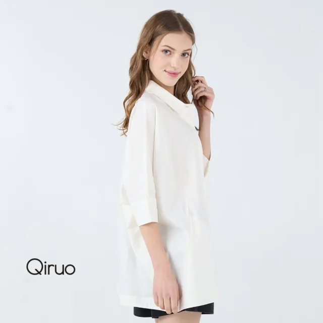 【Qiruo 奇若名品】單口袋 白色七分袖 寬大長版造型襯衫設計3073A