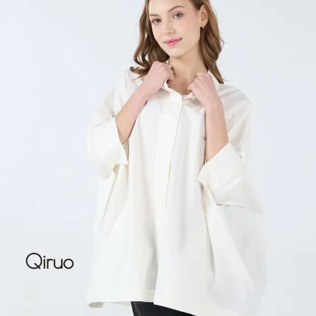 【Qiruo 奇若名品】單口袋 白色七分袖 寬大長版造型襯衫設計3073A