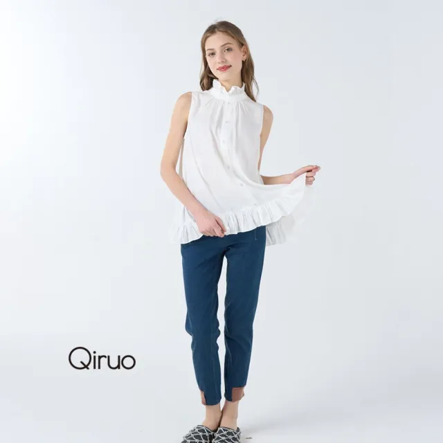 【Qiruo 奇若名品】彈性牛仔布料  後口袋多色染布料圖 合身九分藍色百搭