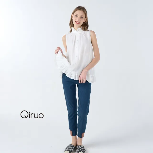 【Qiruo 奇若名品】彈性牛仔布料  後口袋多色染布料圖 合身九分藍色百搭