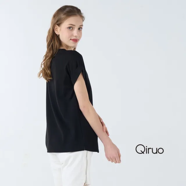【Qiruo 奇若名品】U領棉質T袖口反摺胸前亮粉貓咪圖印花黑色上衣7001A