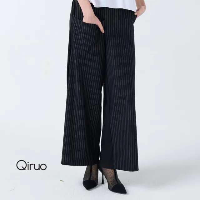 【Qiruo 奇若名品】黑色寬版長褲 垂墜感 高挑感十足 3091C  休閒正式皆可