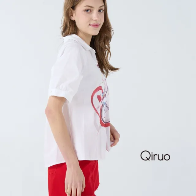 【Qiruo 奇若名品】白色小傘狀短袖排扣襯衫棉質暈染插圖 1809A