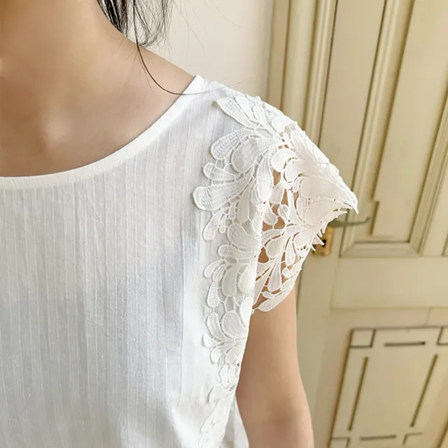 【Hana Mokuba】花木馬日系女裝蕾絲袖拼接圓領上衣(上衣)
