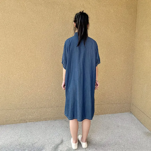【Hana Mokuba】花木馬日系女裝立領襯衫式縫線口袋牛仔洋裝(洋裝)