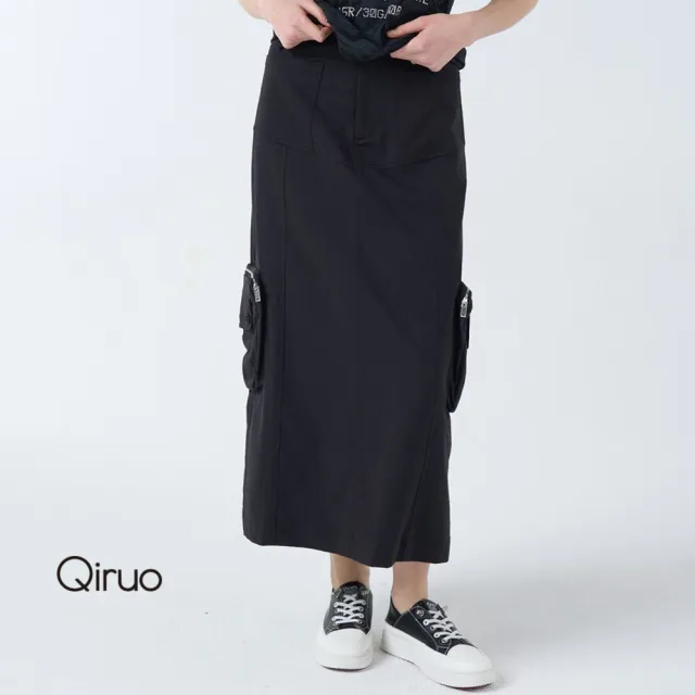 【Qiruo 奇若名品】側邊金屬拉鍊口袋 彈性拉鍊式黑色休閒長裙3211B