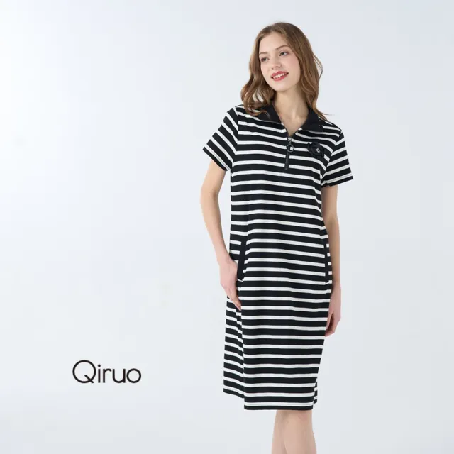 【Qiruo 奇若名品】上等棉質POLO款黑白線條 拉鍊短袖有領雙口袋洋裝1808F