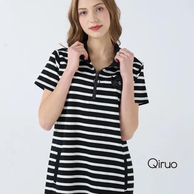 【Qiruo 奇若名品】上等棉質POLO款黑白線條 拉鍊短袖有領雙口袋洋裝1808F