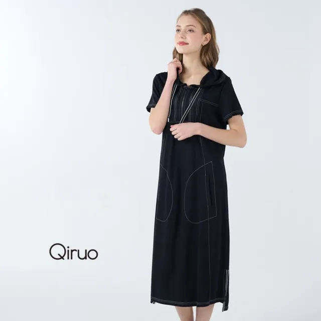 【Qiruo 奇若名品】中厚棉質間約車縫邊線設計 連帽短袖中長黑色洋裝6209F